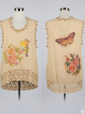 NEW A Rare Bird Robin Delight Butterfly Shirt Boho Lace-Trim Floral Tank